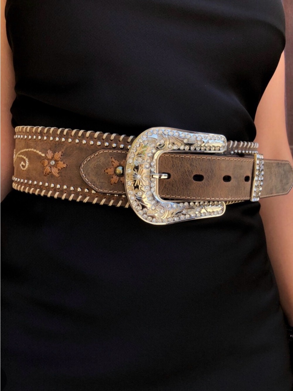 Nocona Brown Leather Floral Tooled Western Belt with Decorative Silver Buckle
